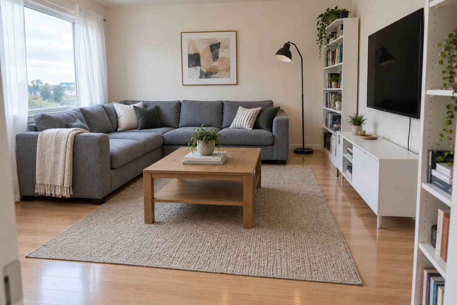 The same living room after a professional deep clean in Las Vegas: tidy sofa, clear coffee table, vacuumed rug and polished hardwood floor