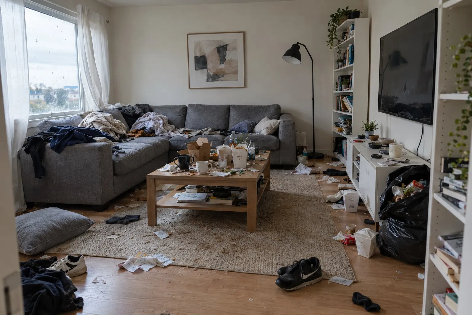 Cluttered living room before a deep clean: clothes piled on the sofa, takeout boxes and mugs on the coffee table, trash bag and shoes on the floor