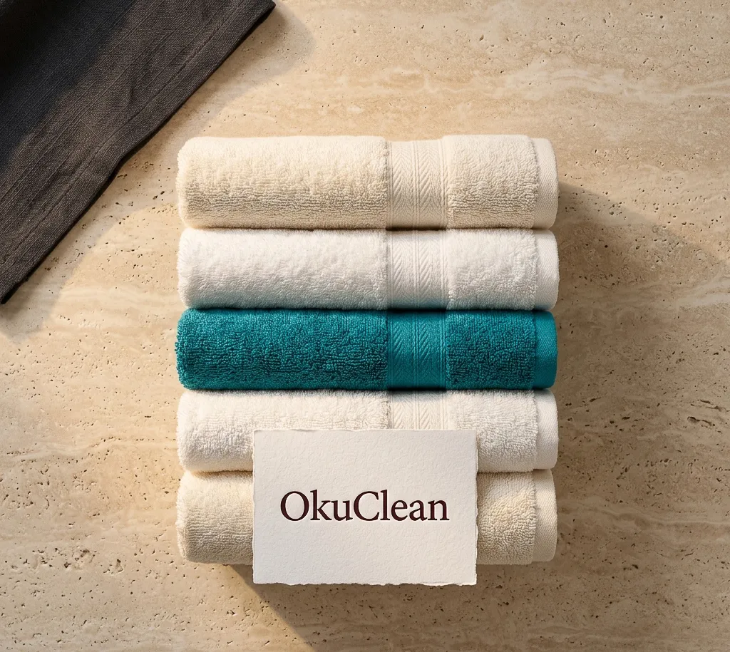 Neatly stacked OkuClean cleaning towels on warm travertine stone — house cleaning services in Las Vegas, considered care from the smallest details up