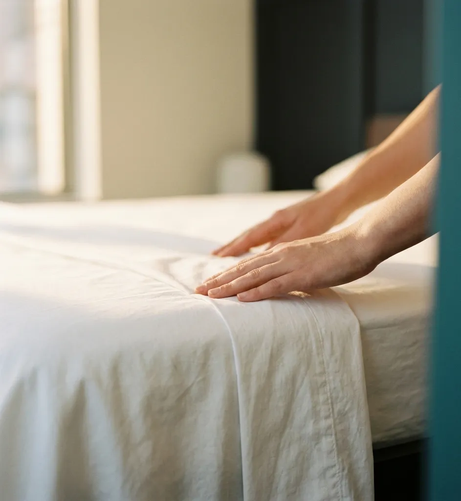 Close-up of careful hands smoothing fresh white linens on a freshly made bed — recurring weekly and bi-weekly house cleaning in Las Vegas by OkuClean